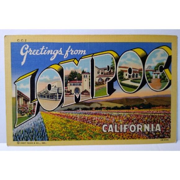 Greetings From Lompoc California Large Letter Linen Postcard Curt Teich Flowers - Picture 1 of 2